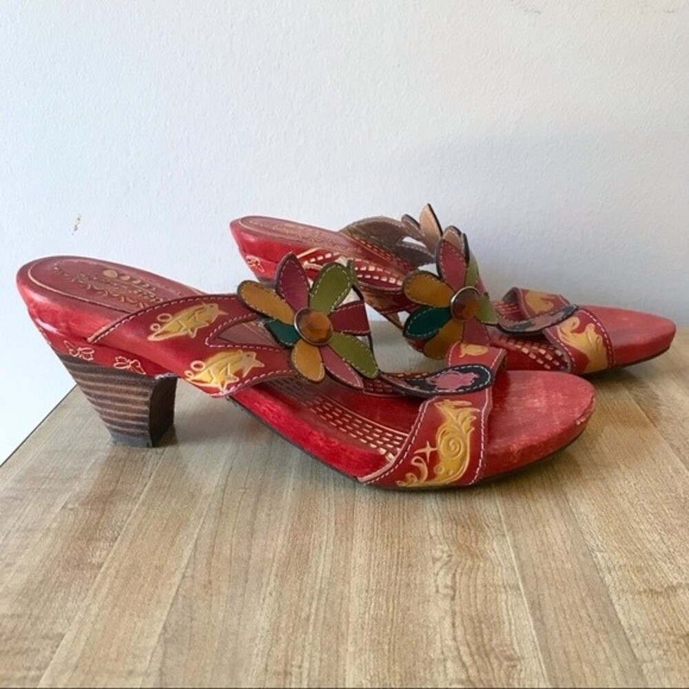 SPRING STEP Red Floral Leather Sandals Papaya Size 37 - Picture 3 of 7